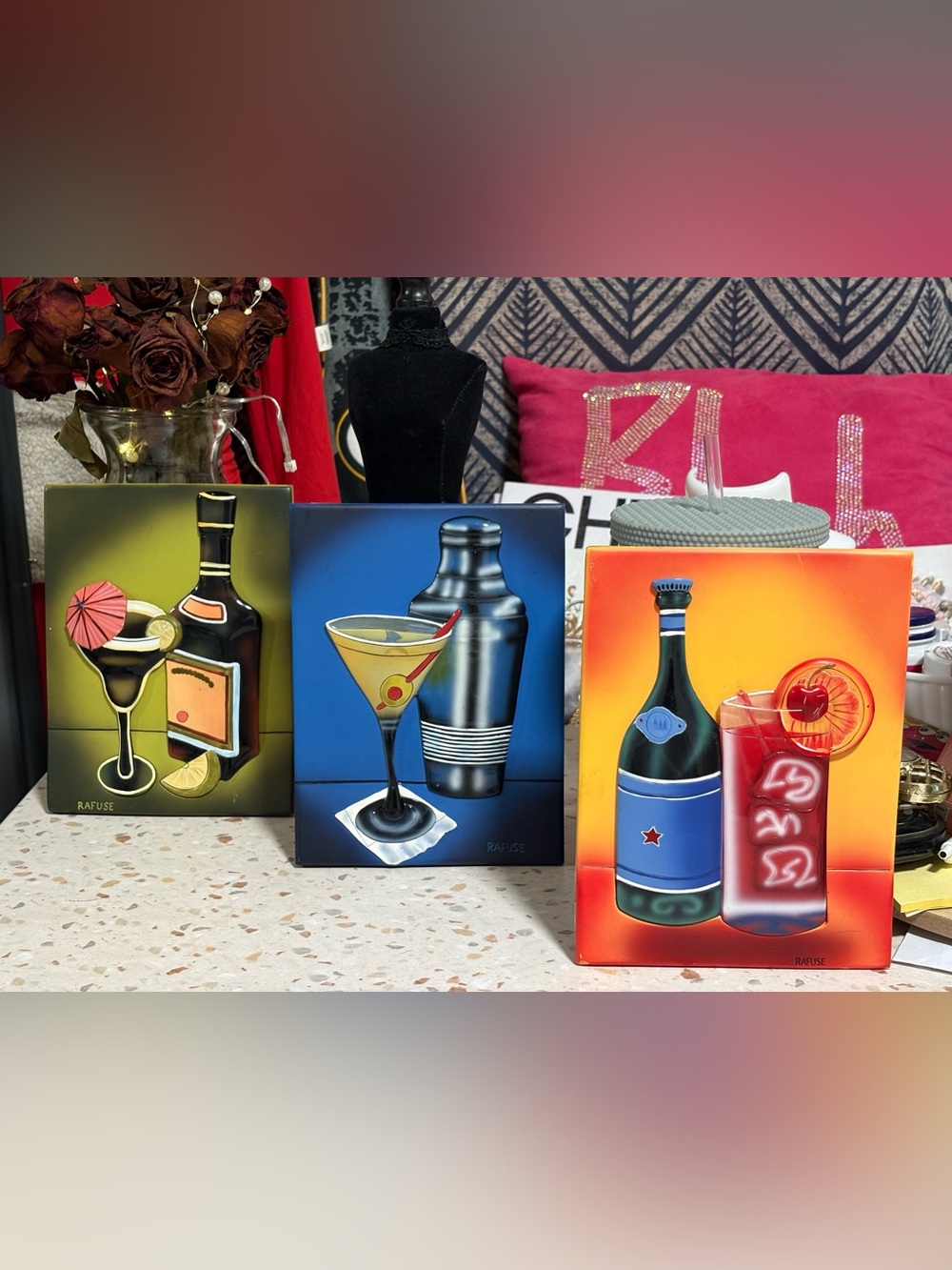 (3) WILLIAM RAFUSE 3D COCKTAIL SERIES ARTWORK CERAMIC/RESIN WALL PLAQUES